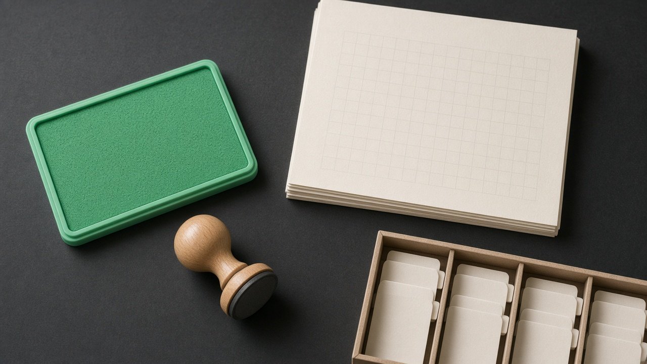 Mint-stamp selection desk with printable planning sheets on a tray